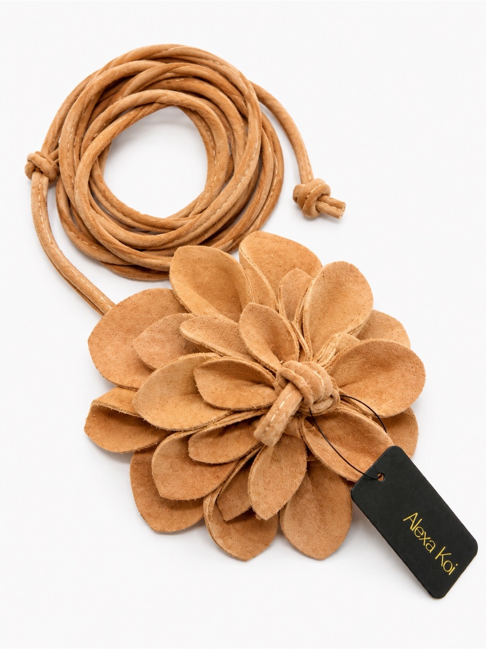 Alexa Koi Petite Sand Beige Faux Suede Flower Wrap Belt – 86” Adjustable Belt
